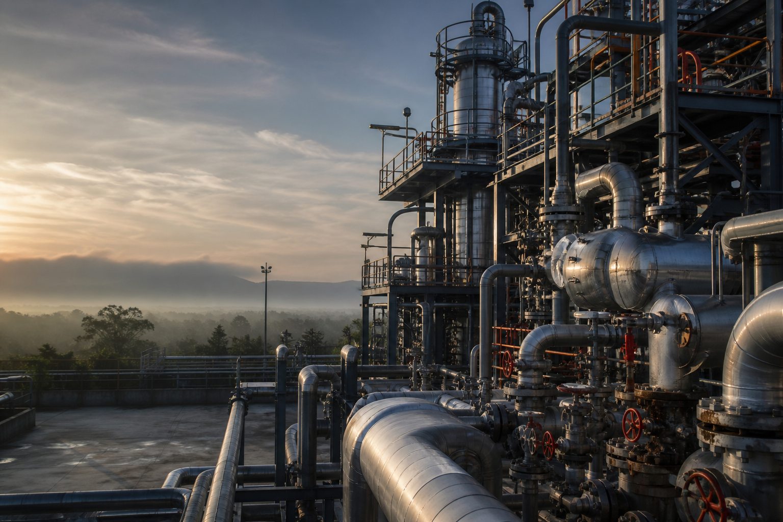 Industrial process facility with piping and flow-control equipment